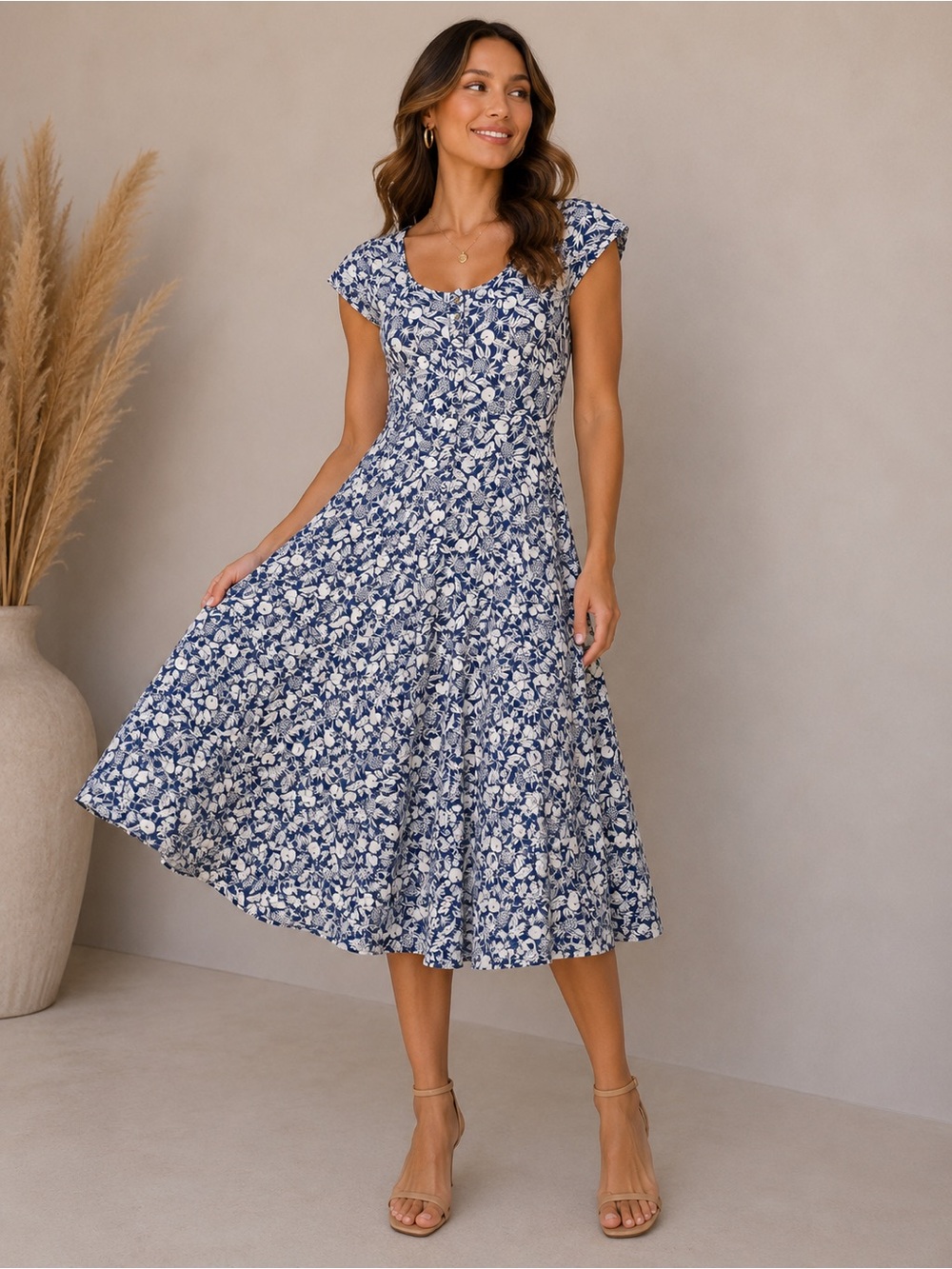 Chaps Blue White Floral 100% Cotton Maxi Dress Petite Small
